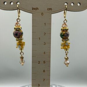 Wedding Cake, Painted Floral Beads & Crystal Beaded Dangle Floral Earrings